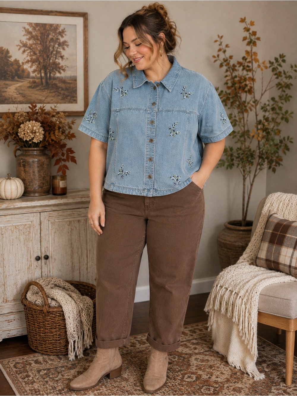 Vintage Denim & Co. Embroidered Denim Shirt — Size 3X
